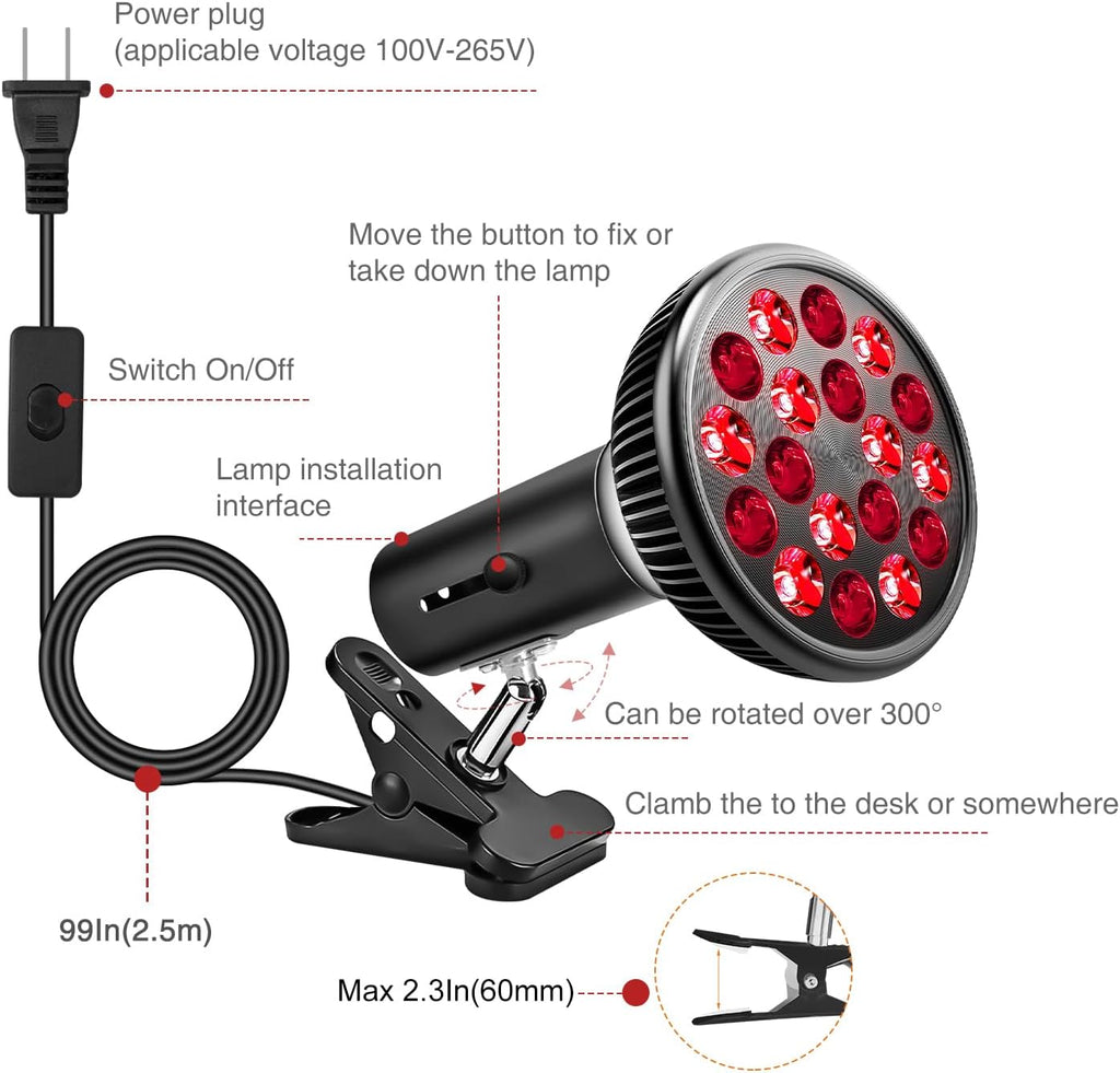 Red Light Therapy with Clip, 660Nm Red and 850Nm near Infrared Lamp