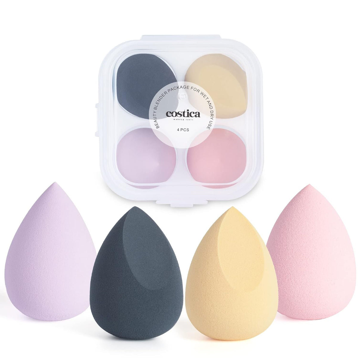 COSTICA Makeup Sponge, 4 Pcs Beauty Blender for Foundation Blending Sponge, Multi-Colored Makeup Blender with Storage Box, Flawless for Liquid Cream and Powder